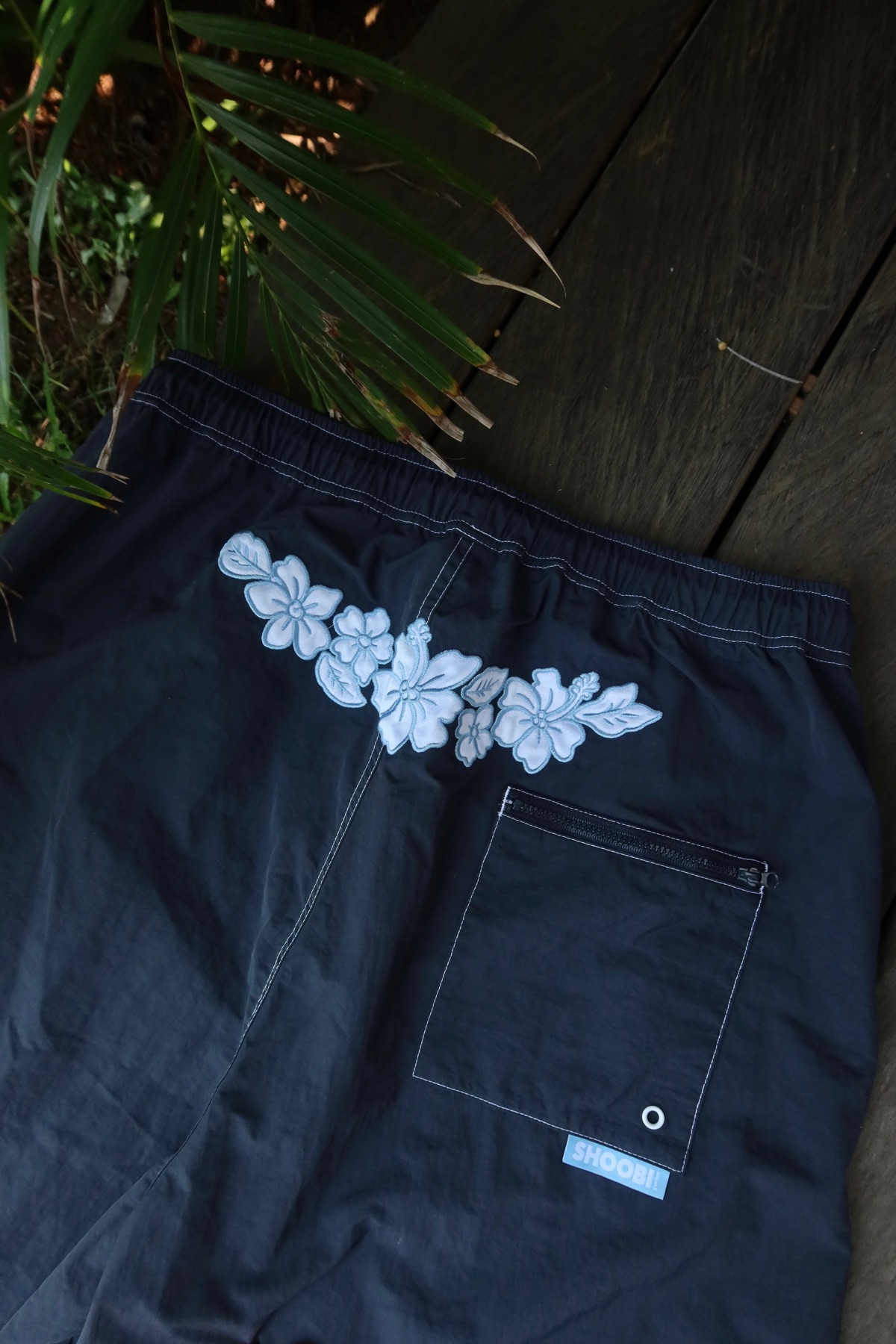 Hibiscus Applique Board Shorts in Navy, side view