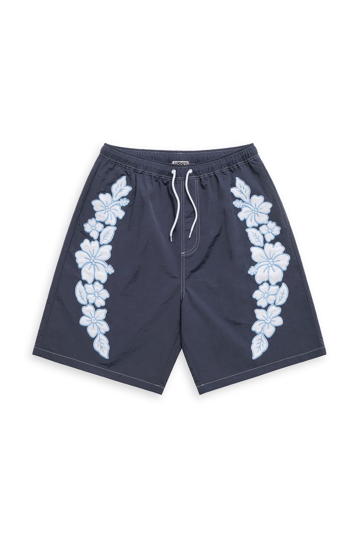 Hibiscus Applique Board Shorts in Navy, front view