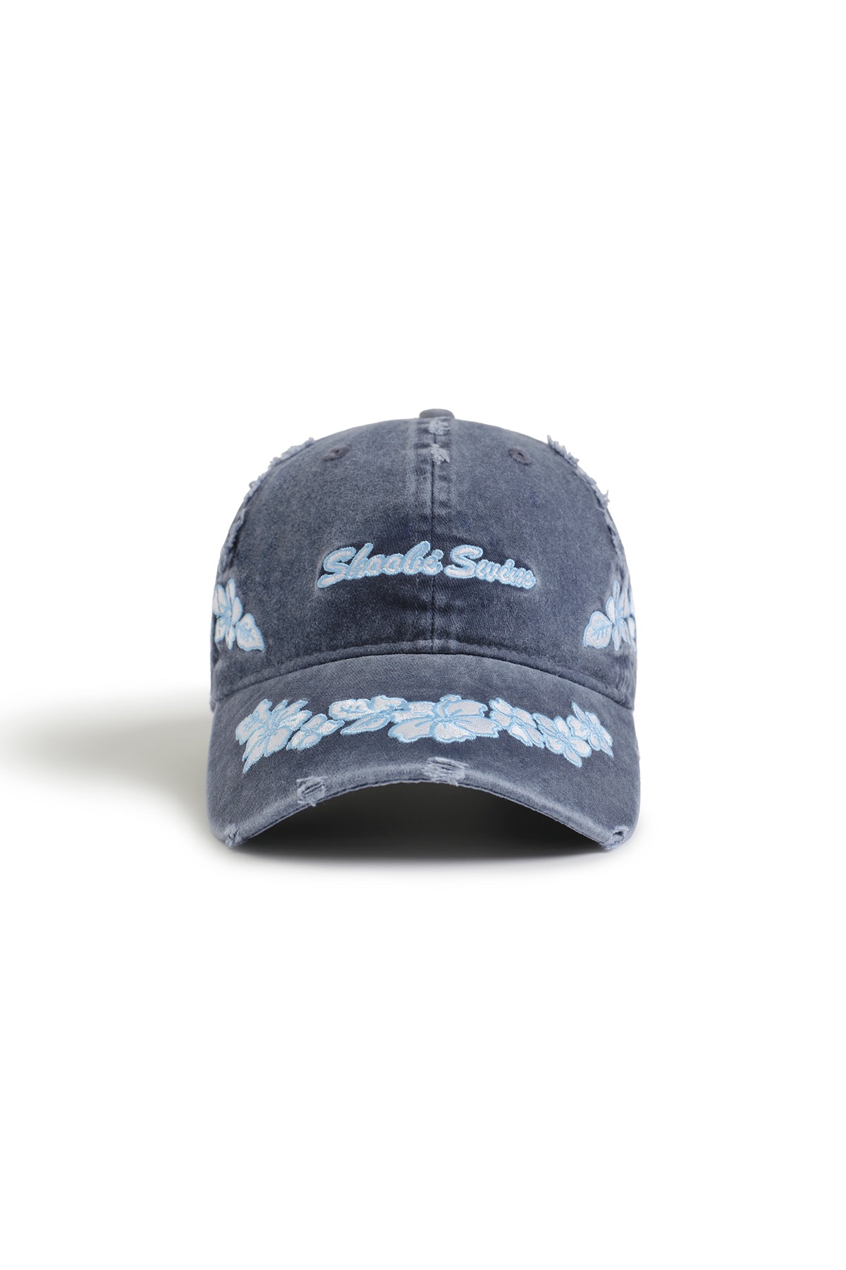 Distressed Hibiscus Hat in Navy, front view