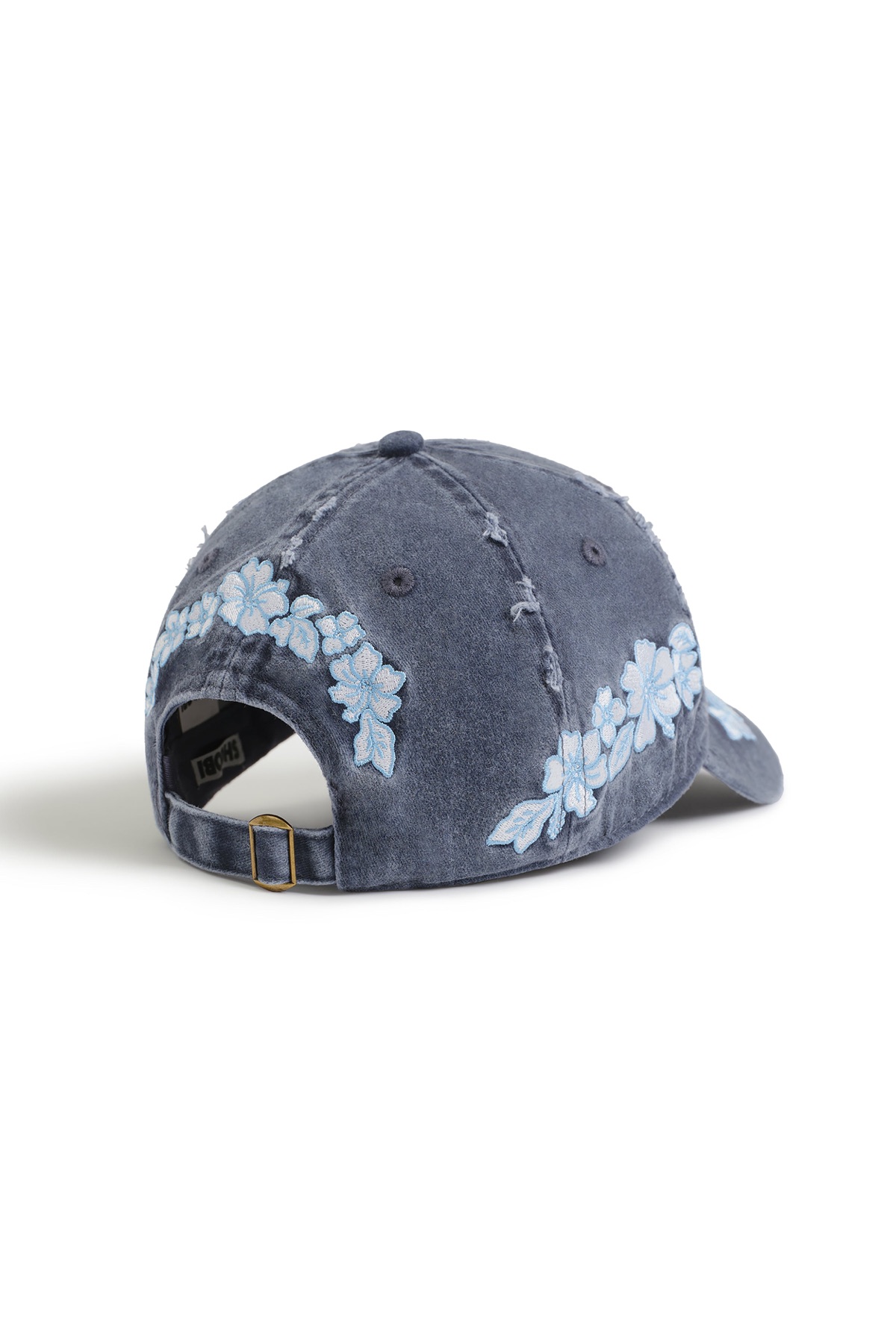 Distressed Hibiscus Hat in Navy, detail view